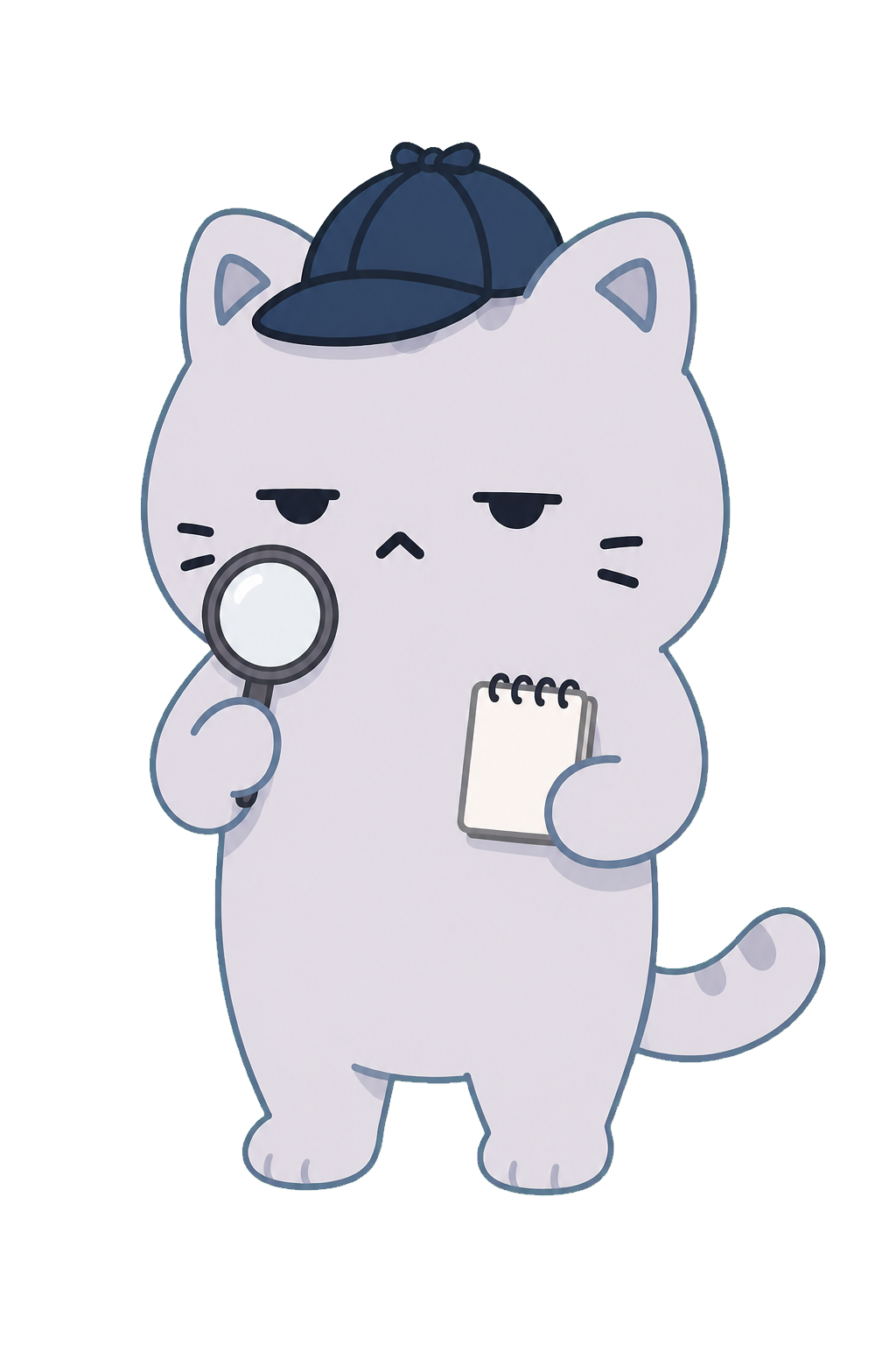 두 발로 서서 모자와 돋보기를 든 LazyScheme 탐정 고양이